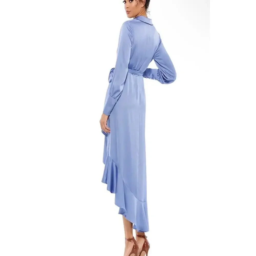 MAC DUGGAL 12506 cocktail wrap periwinkle blue dress long sleeve sz 2 - Picture 2 of 8